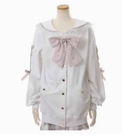 Japanese Liz Mine Mass-Produced Sailor Collar Ribbon Bow Sweet Hoodies Women Autumn Preppy Style Y2K Cute Oversized Sweatshirt