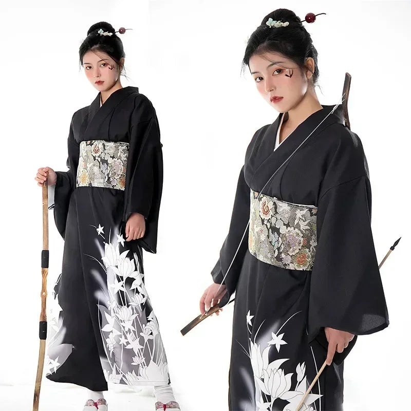 Women's Traditional Japanese Kimono Yukata Ankle-Length Floral Dress