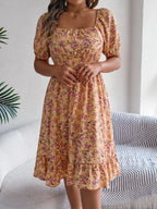 Summer Women's Beach Dress Floral 3D Print Square Neck Short-Sleeved Ladies Waist Ruffled A-Line Dress For Women Holiday Dresses