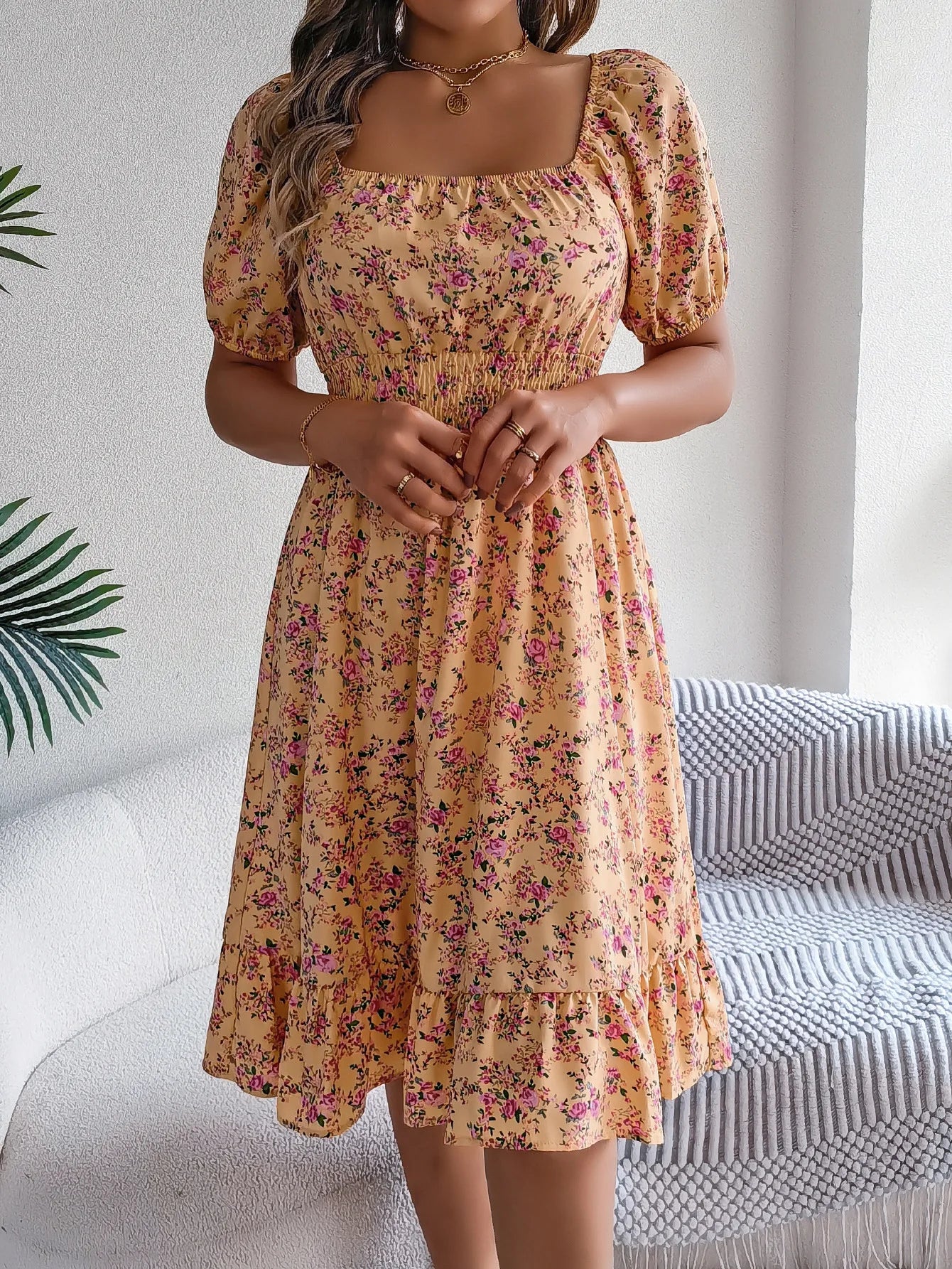 Summer Women's Beach Dress Floral 3D Print Square Neck Short-Sleeved Ladies Waist Ruffled A-Line Dress For Women Holiday Dresses