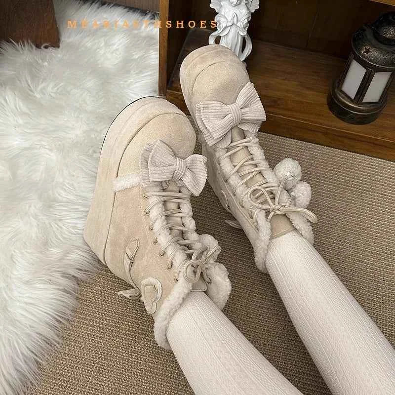 pink Sweet Winter Girls Lolita Mid-Calf Snow Boots,Cute Female Students Plush Warm Bowknots Lace Up Wedge Heel Heightening Shoes