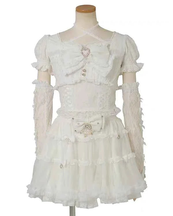 Japanese Sweet Heavy Industry Splicing Sleeve Strap Lace Bow Lace Shirt Summer Autumn New Elastic Slim Long-sleeve Tshirt Top