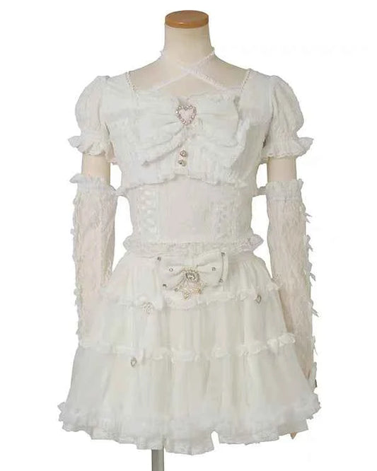 Japanese Sweet Heavy Industry Splicing Sleeve Strap Lace Bow Lace Shirt Summer Autumn New Elastic Slim Long-sleeve Tshirt Top