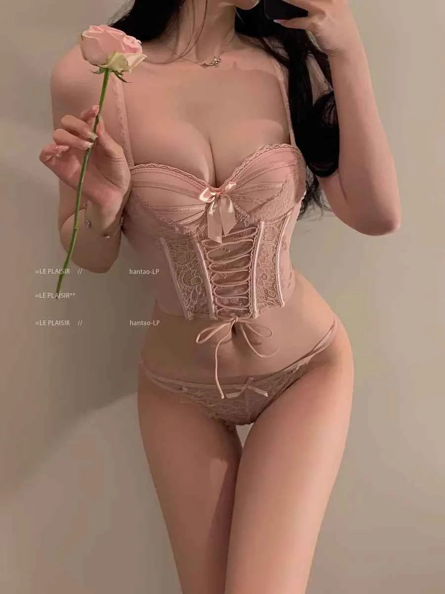 Thai Niche Style Halter Sexy Top & Vest Set Lace Boned Underbust Crop Top Pure Sweet Look Summer Fashion Layering Set UK MOYISU