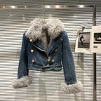 Winter Women Denim Coat Jacket Fox Collar Short  Warm High Street Outerwear Thicken Coat High Quality Luxury Design Party Wear