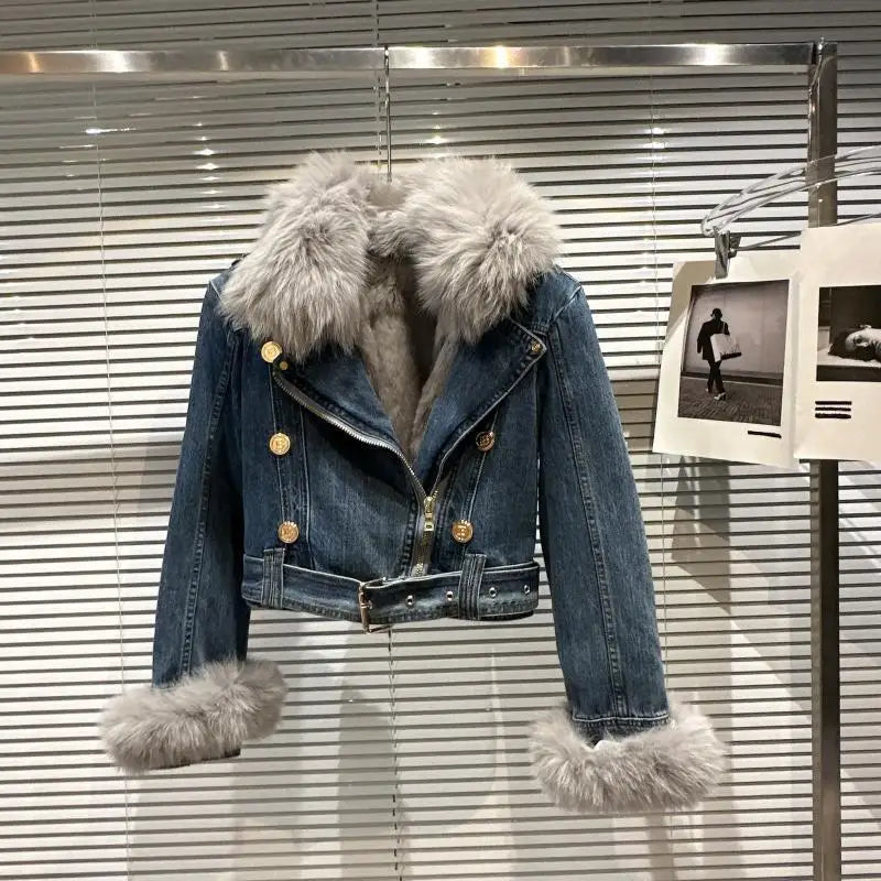 Winter Women Denim Coat Jacket Fox Collar Short  Warm High Street Outerwear Thicken Coat High Quality Luxury Design Party Wear