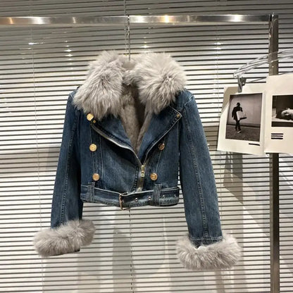 Winter Women Denim Coat Jacket Fox Collar Short  Warm High Street Outerwear Thicken Coat High Quality Luxury Design Party Wear