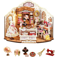 Robotime DIY Miniature House Kit Elsa's Tailoring 1:18 Scale Dollhouse Building Kit Antique Bookshelf Display Crafts for Adults
