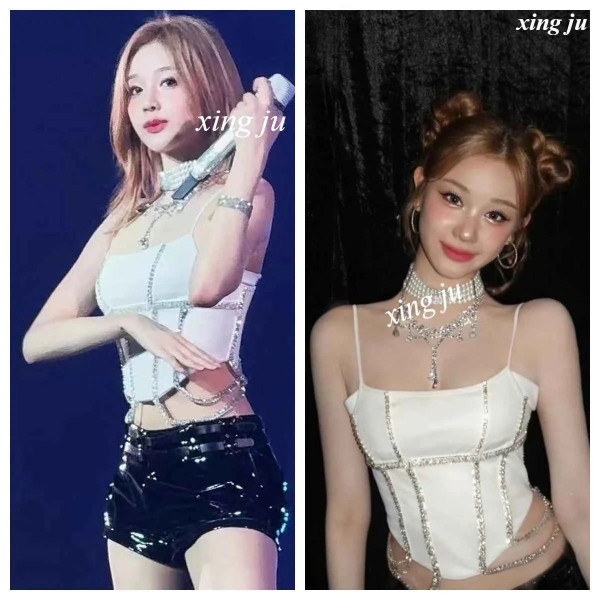 Kpop Singer Sexy White Sling Tops Tight Leather Shorts Korean Group Concert Stage Performance Outfits Women Jazz Dance Costume