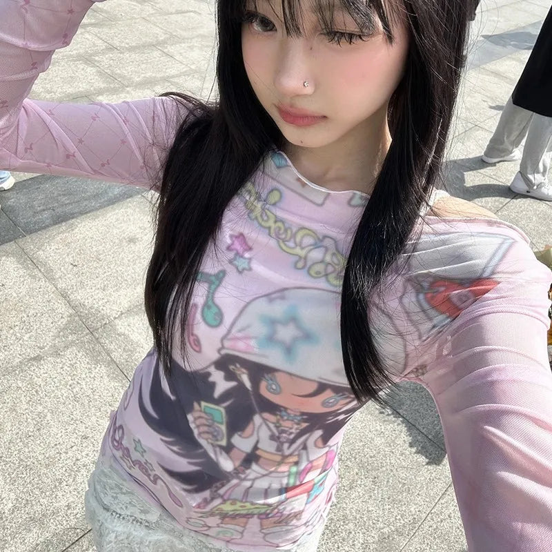 Karrram Japanese Y2k Anime Print Mesh Tops 2000s Aesthetics Pink Sheer Top Vintage Harajuku Kawaii See Through T-shirt Lolita SS69