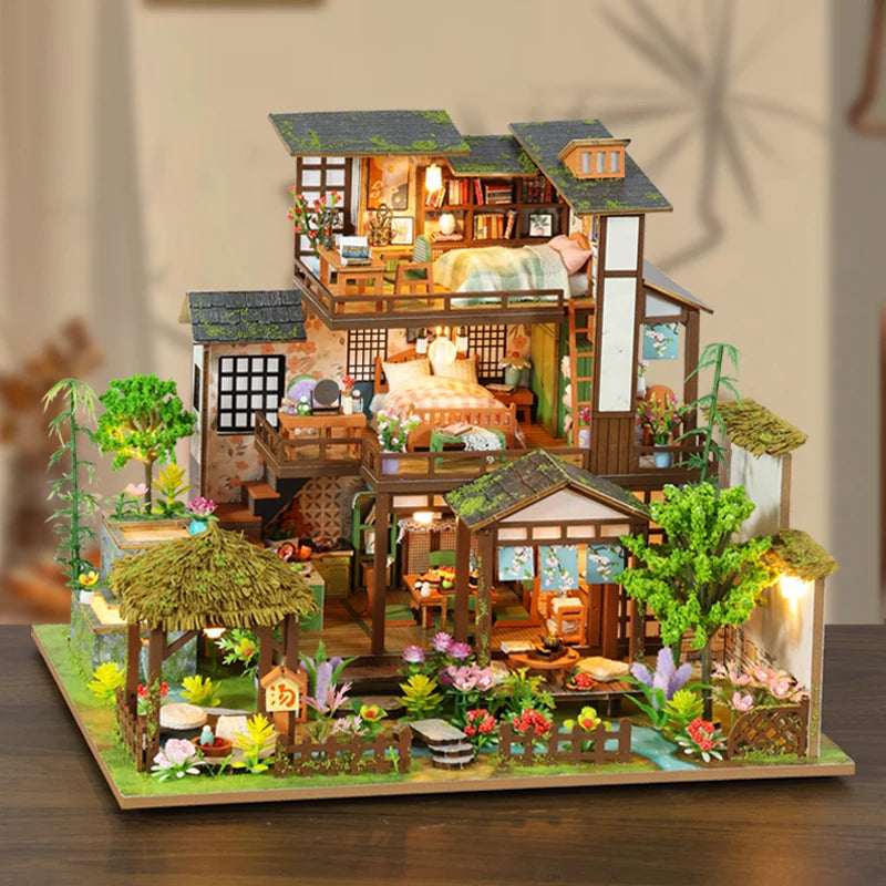 DIY Wooden Bamboo Spring Courtyard Casa Miniature Building Kits Bookend Assembled Dollhouses Bookshelf Home Decor Friends Gifts SS69
