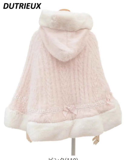 Fall Winter New Sweater Cardigan Women Japanese Mine Sweet Soft Waxy Thick Sweet Pearl Button Hooded Knitted Sweater Cape Jacket