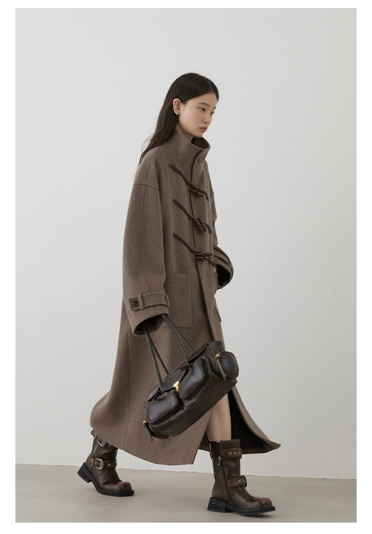 CHIC VEN Women Long Woolen Coats Single Breasted Loose Stand Collar Cow Horn Buttoned Office Ladies Overcoat Autumn Winter 2026