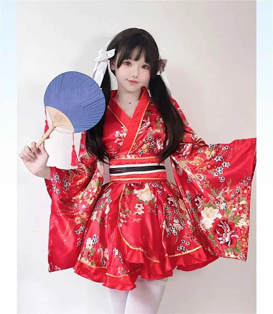 Japanese Kimono Yukata Robes Kawaii Girls Floral Printed Haori Suit Lovely Lolita Dress For Women Maid Cosplay Costume Halloween