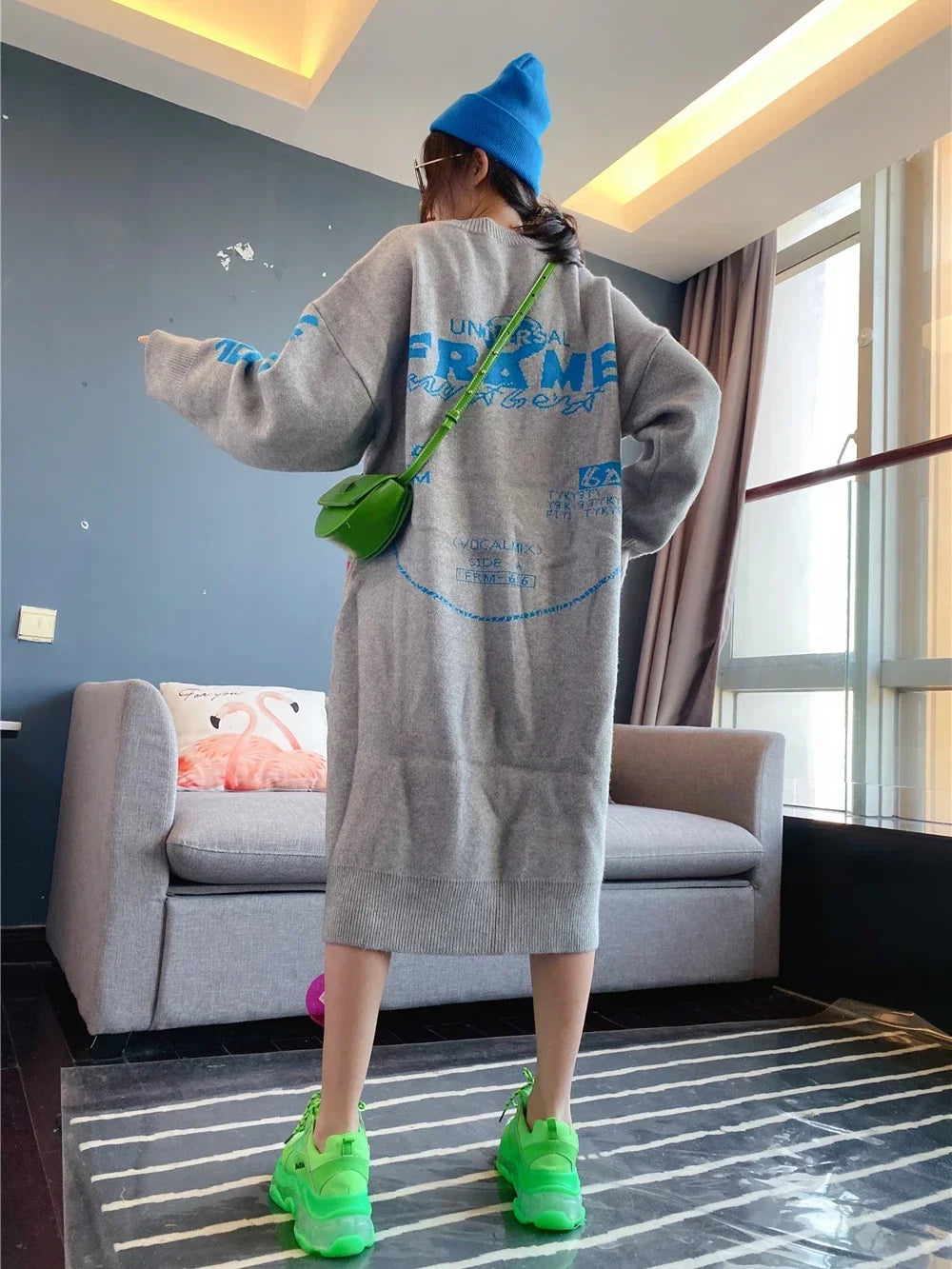Korean Long-Sleeved Pullover Sweater Loose Fashion Women Autumn Winter Cartoon Embroidered Thickened Long Section Knitted Top SS69