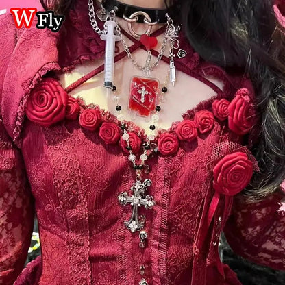 Harajuku Hot Girl Lolita Mine Sweetheart Disease Petite Nurse Needle Cross Medical Subculture Bow Collar Accessories Y2k SS69 19.69 red