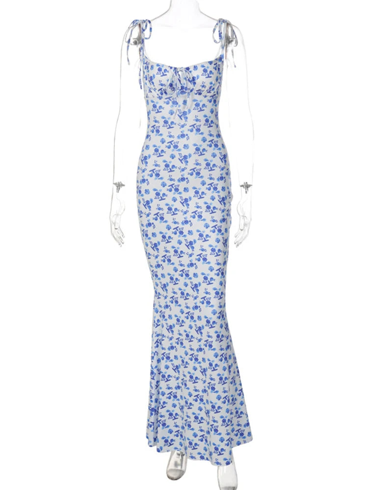 Hugcitar Women Floral Spaghetti Strap Bodycon Maxi Dress