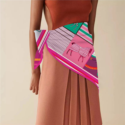 90cm Classic Checkered Horse Brand Square Scarf Women Twill Silk Scarf Shawl Hijab Luxury Bandana Foulard Neckerchief Head Scarf SS69