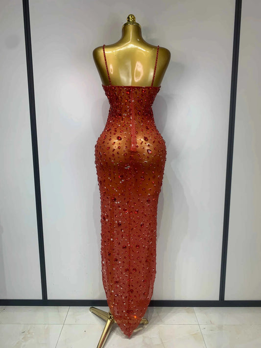 Luxury Rhinestones Sexy Mesh See Through Bodycon Dress Women Birthday Evening Cocktail party Gown Red Carpet Club Stage Outfit