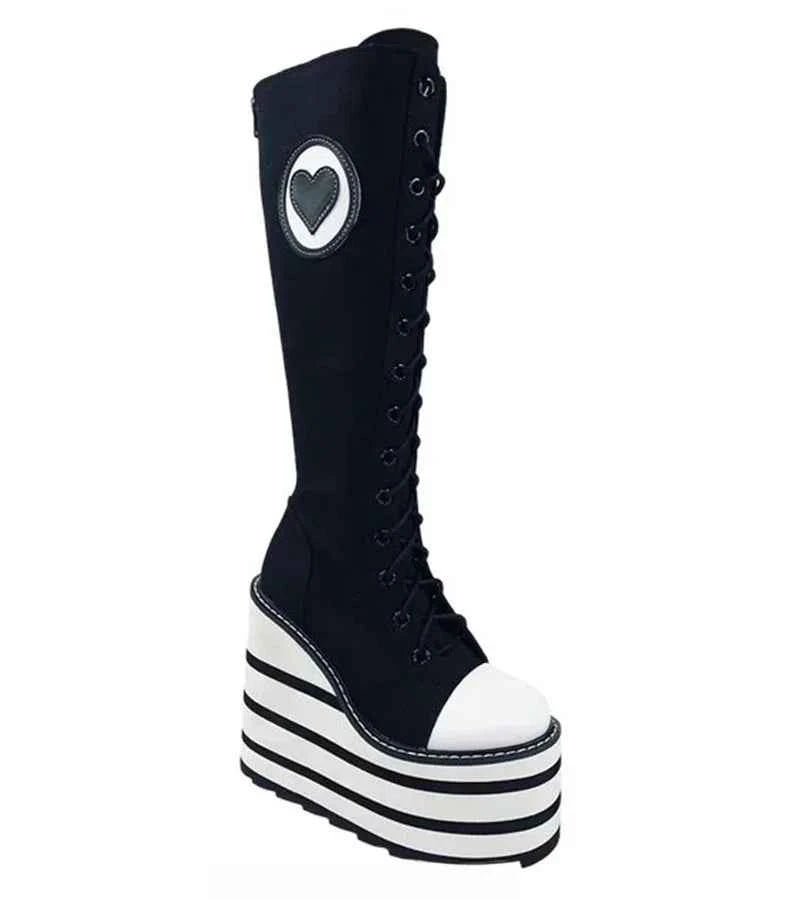 Canvas Check Platform Knee-high Boots Women Metal Chain Round Toe Wedges Cross Tied Lolita Heighten Shoes 2025 Lovely Sexy Boots
