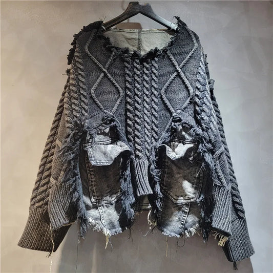 NANCYLIM Women's Vintage Denim Patchwork Knitted Pullover Sweater Loose Fit