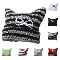 2025 New Hand-Knitted Bow Cat Ear Hooded Cap For Winter Men And Women, Striped Hollowed-Out Knitted Cap, K2y Street Style
