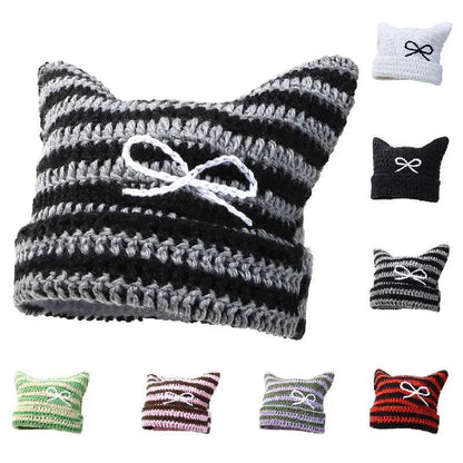 2025 New Hand-Knitted Bow Cat Ear Hooded Cap For Winter Men And Women, Striped Hollowed-Out Knitted Cap, K2y Street Style