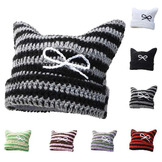 2025 New Hand-Knitted Bow Cat Ear Hooded Cap For Winter Men And Women, Striped Hollowed-Out Knitted Cap, K2y Street Style