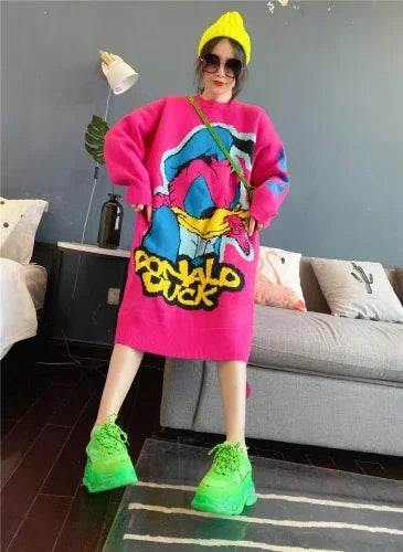 Korean Long-Sleeved Pullover Sweater Loose Fashion Women Autumn Winter Cartoon Embroidered Thickened Long Section Knitted Top SS69