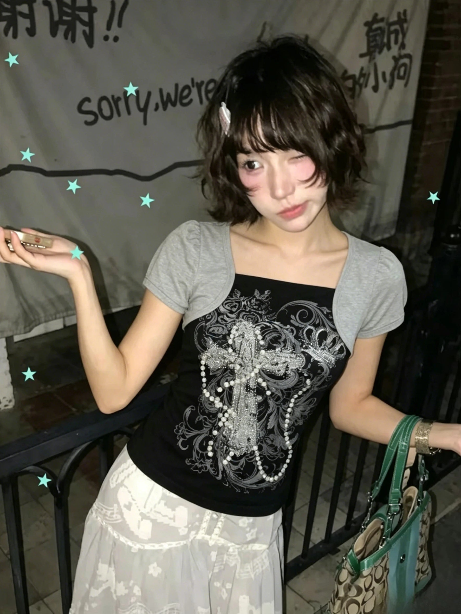 Harajuku Gothic Punk Short Sleeve T-shirts Women Subculture Printed Y2k Crop Top Tees Summer Casual American Vintage T Shirts