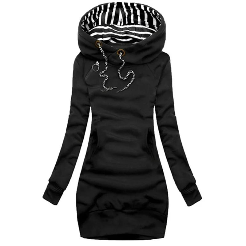 Hoodie Dress Casual Solid Colour Long Sleeve Drawstring Hoodie Dress Slim Hooded Pullover Sweatshirt Dress SS69 17.69 black / L