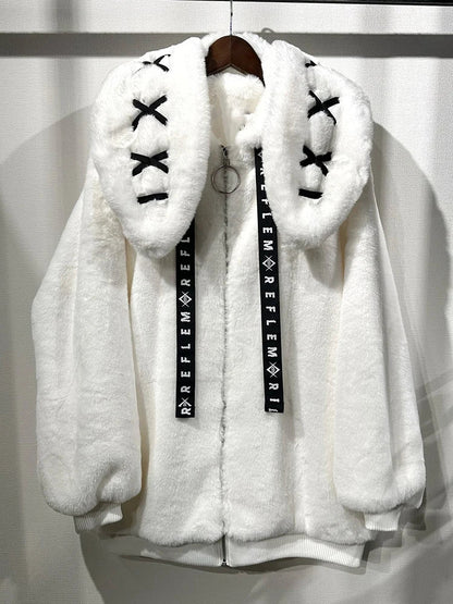 Nerazzurri Winter Sweet Cute Kawaii Soft Thick Warm White Faux Fur Coat Women with Bunny Ears Cute Fluffy Jacket Hoodie 2024 SS69