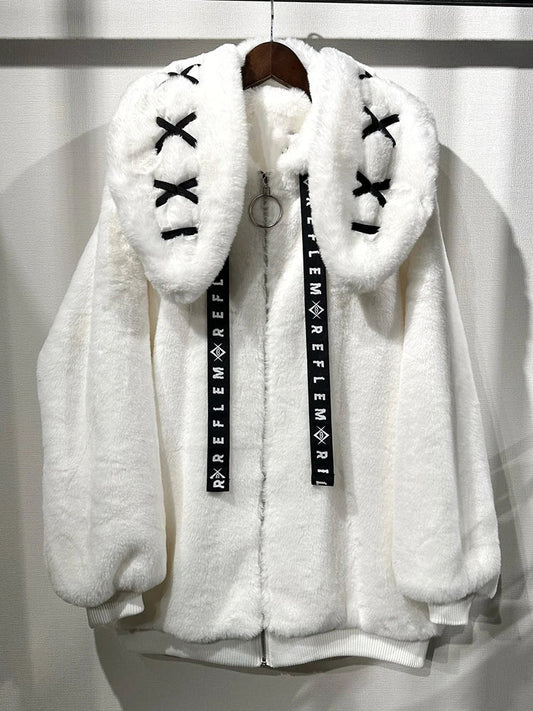 Nerazzurri Winter Sweet Cute Kawaii Soft Thick Warm White Faux Fur Coat Women with Bunny Ears Cute Fluffy Jacket Hoodie 2024 SS69