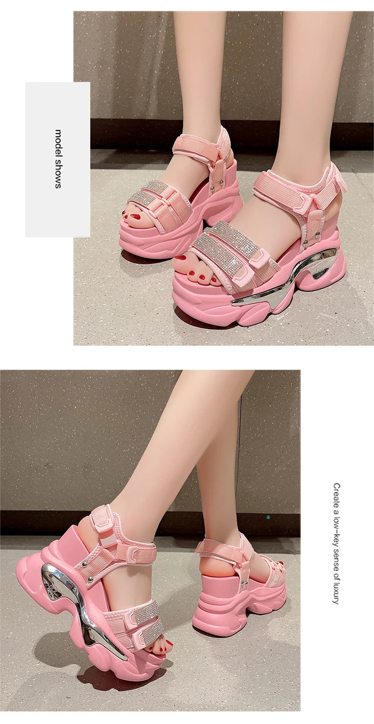 Summer High Platform Women Sandals Buckle 10CM Wedges Bling Shoes Fashion 2023 Outside Chunky Sandals Beach Casual Slides Woman SS69