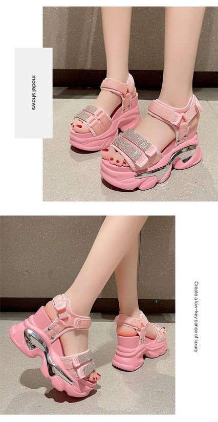 Summer High Platform Women Sandals Buckle 10CM Wedges Bling Shoes Fashion 2023 Outside Chunky Sandals Beach Casual Slides Woman SS69