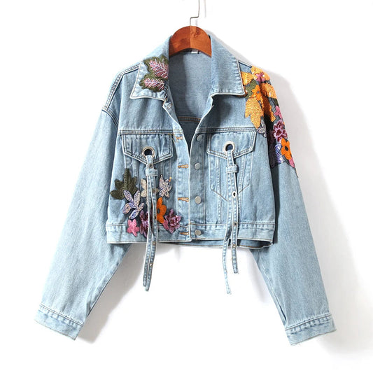 Women Flowers Embroidered Sequined Denim Jacket Spring Autumn Floral Beading Jeans Coat Ribbons Cowboy Cardigan Tops Chaquetas SS69 24.69 SKY BLUE / L