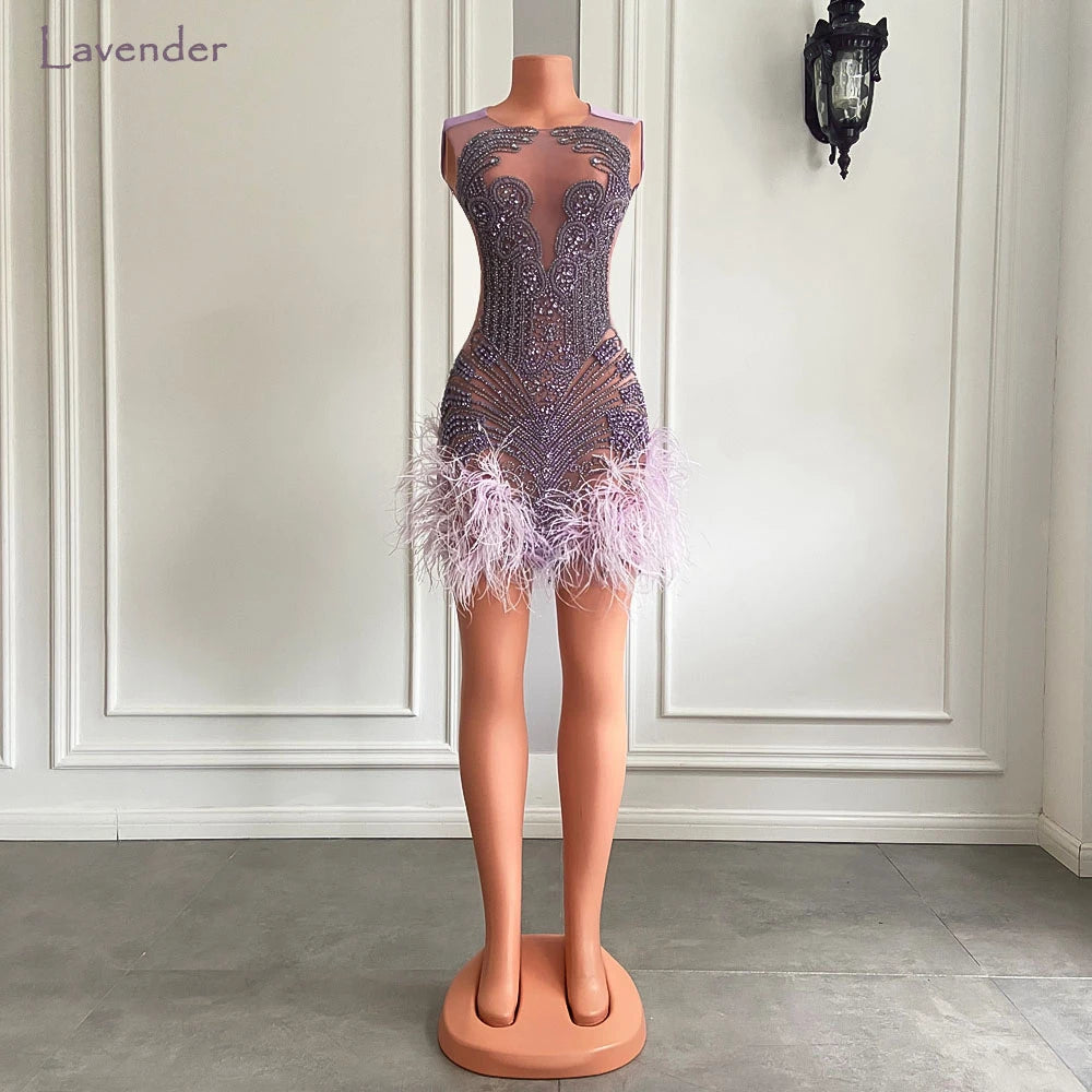 Stunning Sparkly Luxury Diamond Women Birthday Party Cocktail Gowns Sexy Sheer Pink Feather Mini Short Prom Dresses 2025 SS69