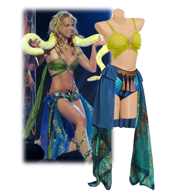 Britney Slave Costume Blue Stage Performance Dress Dance With Snake Bra Shorts Skirts Suit Women Halloween Carnival Party Suit