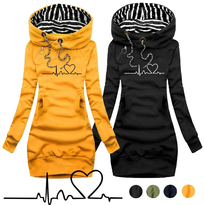 Winter New Fashion Women Long Sleeve Hoodie Dress with Pockets Solid Color Slim Fit Pullover Hoodies Sweatshirt Dress SS69