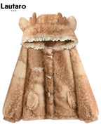 Lautaro Autumn Winter Thick Warm Sweet Cute Lace Patchwork Faux Fur Coat Hoodie Women with Deer Ears Horn Buttons Fluffy Jacket