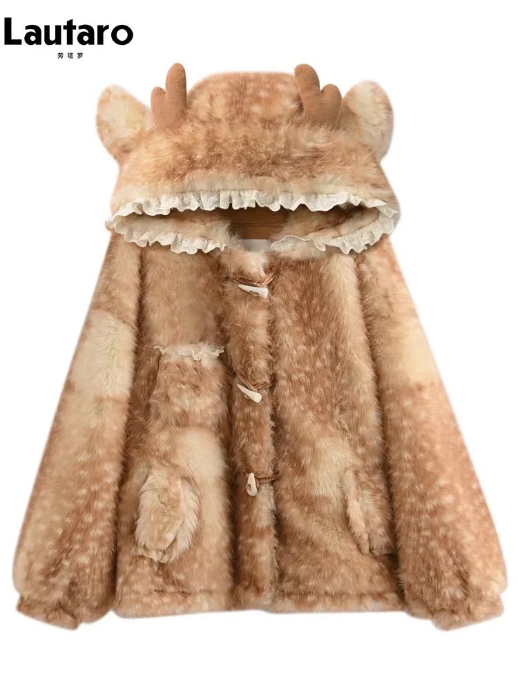 Lautaro Autumn Winter Thick Warm Sweet Cute Lace Patchwork Faux Fur Coat Hoodie Women with Deer Ears Horn Buttons Fluffy Jacket