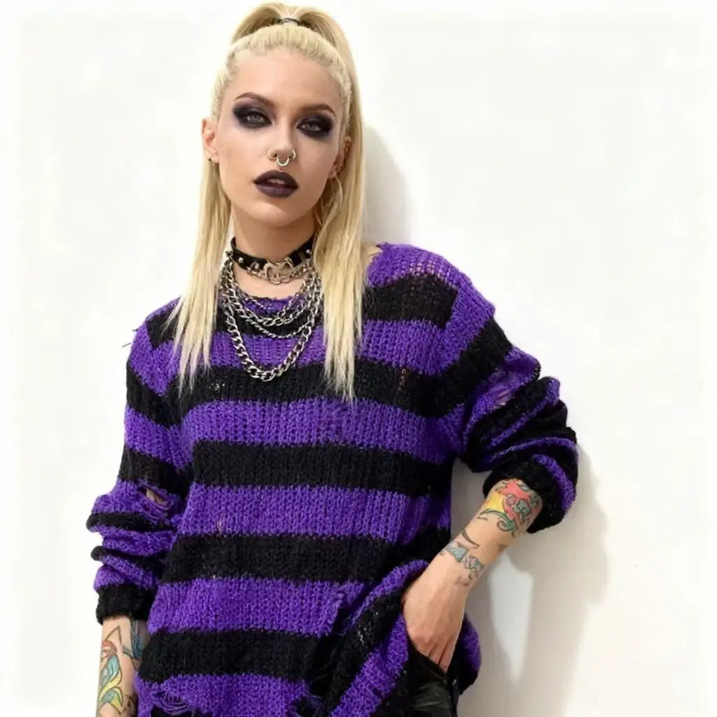 New Women's Punk Gothic Oversized Pullover Sweater Striped Hollow out Cool Harajuku Aesthetics Spring Autumn