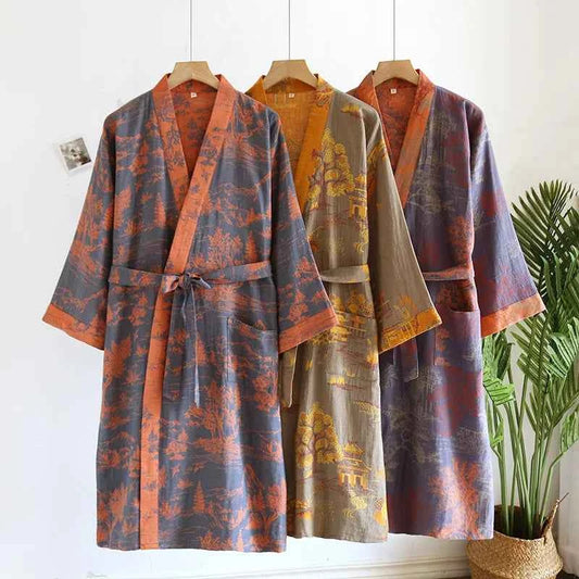 Cotton-colored Woven Jacquard Kimono Robes with Belt Loose Men's Long Sleeve Large Size Yukata Sweat-steamed Clothes