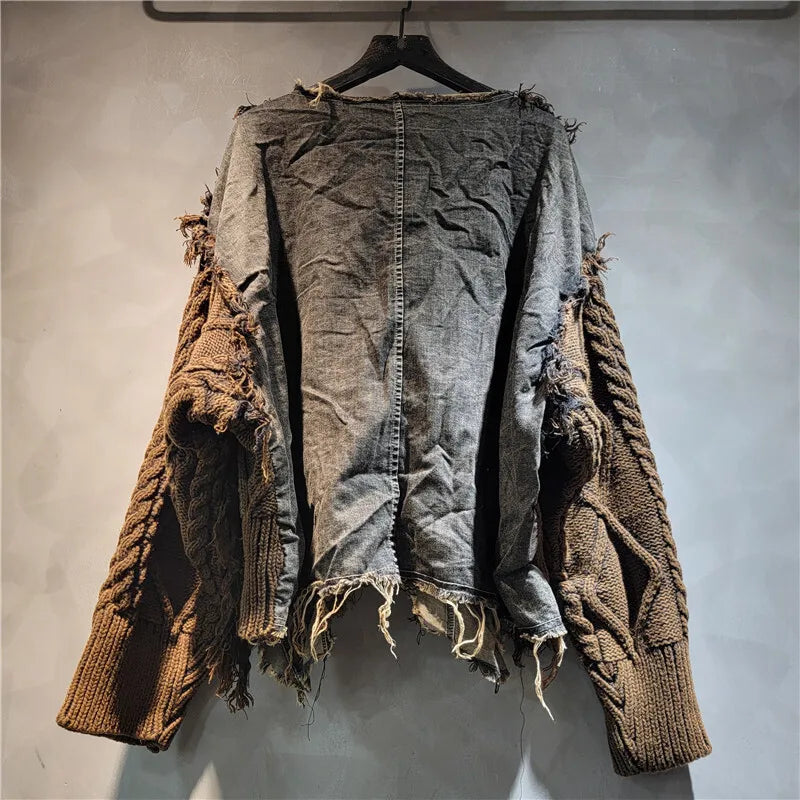 [EWQ] Vintage Long Sleeve Denim Pockets Patchwork V-Neck Orange-red Sweater Loose Tops Old Designs Women Pullover Knitted 6U1329 SS69