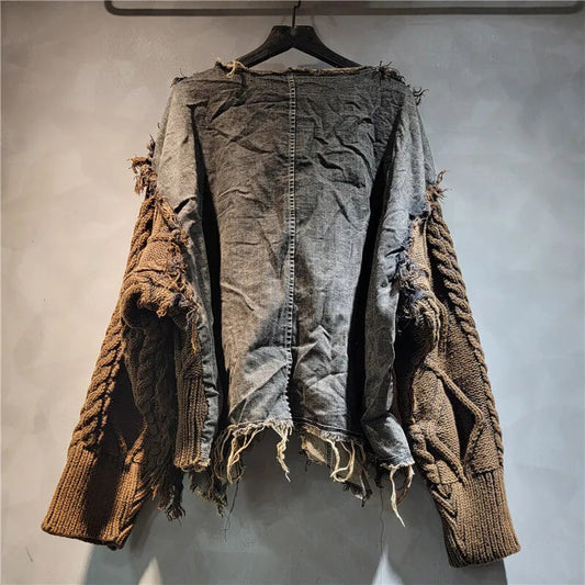 [EWQ] Vintage Long Sleeve Denim Pockets Patchwork V-Neck Orange-red Sweater Loose Tops Old Designs Women Pullover Knitted 6U1329 SS69