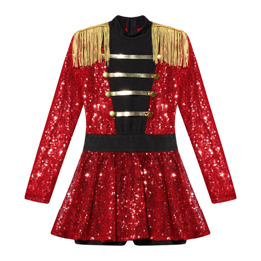 inlzdz Women's Circus Ringmaster Costume Sequin Tassel Leotard Dress