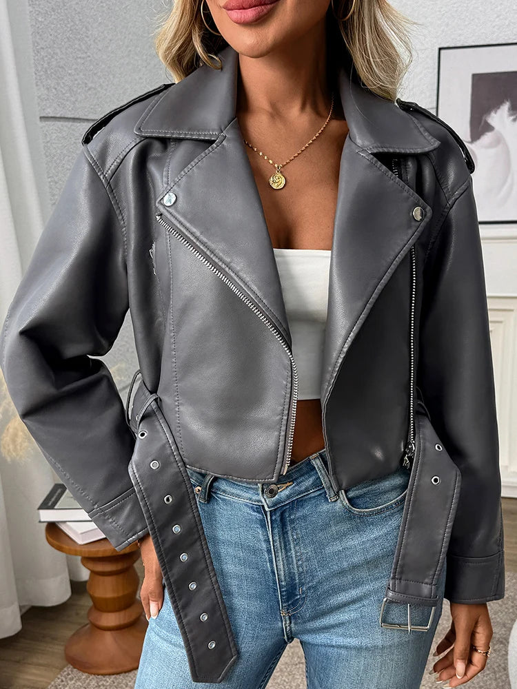 Ailegogo Women's Faux Leather Moto Jacket with Belt