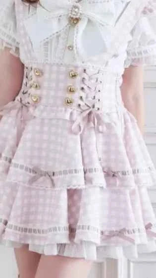Original Japanese Mines Lolita Strap Skirts Women High Waist and Thin Frilly Pleated Skirt College Style Liz Girl Plaid Skirt