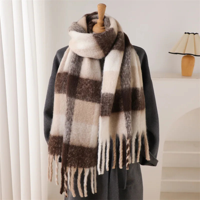 RUNMEIFACN Women's Winter Plaid Cashmere Blend Scarf with Tassels