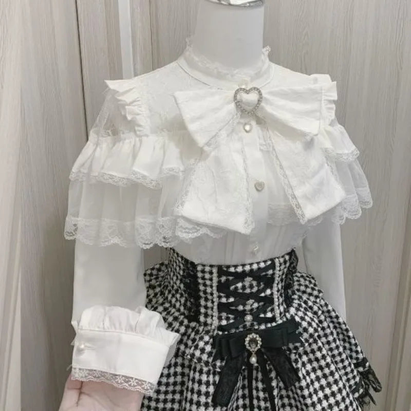 Kimutomo Lolita Style Shirts Women Bow Lace Patchwork Solid Japanese Style Y2k Sweet Blouse Spring Summer Fashion Tops Ladies SS69 31.69 white long sleeve / M